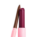 Juicy Berry lip liner and balm set shown uncapped side by side, the mocha-brown liner angled toward a glossy deep-berry balm bullet in blush-pink tubes on a white background, ColourPop So Juicy Plumping Lip Liner & Balm Set.