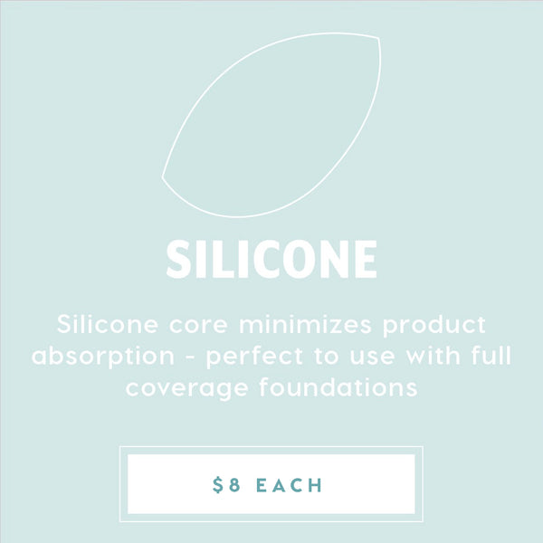 Silicone Blending Sponge - clear, leaf-shaped makeup sponge with a silicone core that minimizes product absorption, ideal for full-coverage foundation; promo graphic lists $8 each, featured in ColourPop Makeup Tools & Accessories.