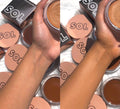 ColourPop SOL Face & Body Bronzing Balm, shade Light, adds a warm sun-kissed glow to a forearm - left bare, right after application - surrounded by open jars and peach SOL lids on a white surface, showcasing creamy texture and payoff.
