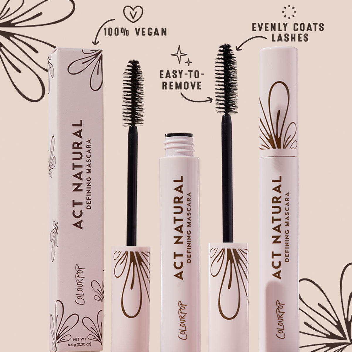 ColourPop Act Natural Mascara, Brown, displays an open tube with dense spoolie beside a closed tube and box, highlighting 100% vegan, easy-to-remove, evenly coats lashes; soft pink packaging with brown floral accents on a beige backdrop.