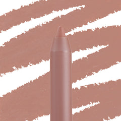 ColourPop Lippie Pencil in Ashton stands upright, its creamy rosy‑nude tip showcased against diagonal matching swatch streaks, emphasizing precise lip liner definition and smooth payoff.