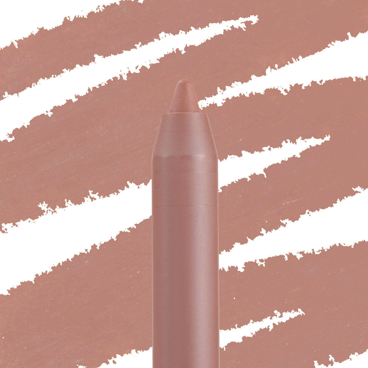 ColourPop Lippie Pencil in Ashton stands upright, its creamy rosy‑nude tip showcased against diagonal matching swatch streaks, emphasizing precise lip liner definition and smooth payoff.