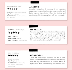 Good Mood Gel Moisturizer reviews showcasing three verified-buyer cards - each with five black heart ratings and bold headlines “Amazing,” “Yes Really!” and “Wonderful!” - on a pink background, highlighting hydration for sensitive and combo skin; ColourPop Face Moisturizer.