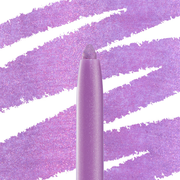 Azabu-Juban crème gel liner pencil draws glittery lavender-lilac swatches, highlighting its creamy, precise tip and metallic sparkle; ColourPop Crème Gel Liner shade shown on a white backdrop for texture and payoff.