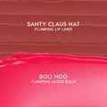 Berry Grinchy So Juicy Plumping Gloss Stick swatches showing a warm nude Santy Claus Hat plumping lip liner above a bright berry-pink Boo Hoo plumping gloss balm, part of a festive ColourPop Collabs makeup collection for US shoppers.