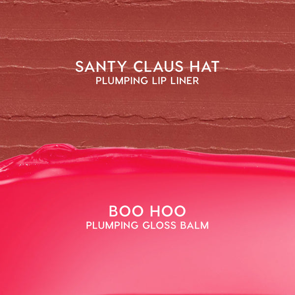 Berry Grinchy So Juicy Plumping Gloss Stick swatches showing a warm nude Santy Claus Hat plumping lip liner above a bright berry-pink Boo Hoo plumping gloss balm, part of a festive ColourPop Collabs makeup collection for US shoppers.