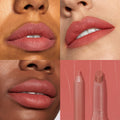 ColourPop Perfect Duo Lippie Stix + Pencil Set defining and filling lips in a warm rosy-terracotta matte, shown in a four-panel grid on varied skin tones, with close-ups of lined lips and a final panel showing the pencil and twist-up Stix on a swatched backdrop.