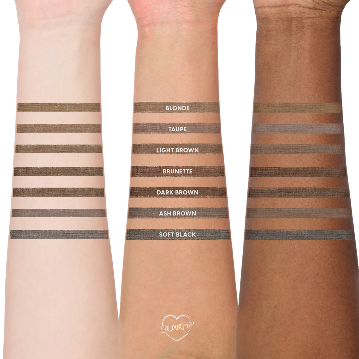 ColourPop Brow Boss Pencil Taupe shade swatched in parallel stripes on three different skin tones, showing taupe brow makeup color payoff compared with Blonde, Light Brown, Brunette, Dark Brown, Ash Brown, and Soft Black shades.