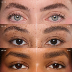 Three pairs of female eyes show before-and-after results of Taupe Brow Boss Pencil brow makeup, with sparse eyebrows on the left and fuller, defined brows on the right against a neutral close-up studio background.
