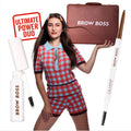 Model posing in retro red and blue checkered outfit, holding a briefcase labeled Brow Boss, surrounded by ColourPop Brow Boss Pencil in Taupe and brow gel, promoting brow makeup as the ultimate power duo on a clean white background.