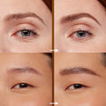 ColourPop Auburn brow pencil defining and filling sparse brows, shown in side-by-side before-and-after close-ups on two models, creating natural hairlike strokes and a warm auburn tint for fuller, shaped eyebrows.