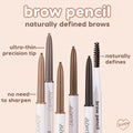 ColourPop Blonde brow pencil shown uncapped with an ultra-thin retractable precision tip and built-in spoolie, demonstrating a no-sharpen design that naturally defines brows; beige and white pencils lined up on a peach graphic background.