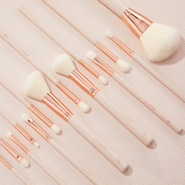 ColourPop Makeup Brush Kit lined up diagonally, the Ultimate Brush Roll features fluffy face and eye brushes with white bristles, rose-gold ferrules, and pale pink handles resting on a blush textured backdrop.