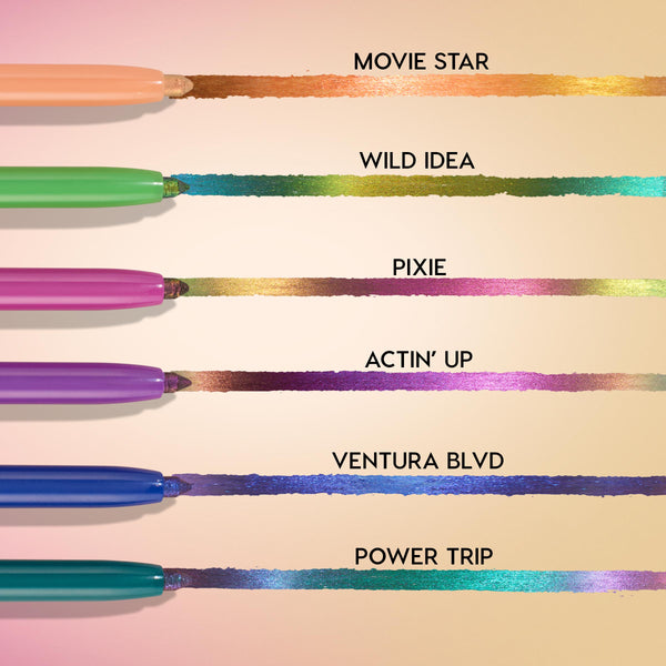 ColourPop Chrome Crème Gel Liner Chrome Hearted set displays six pencils sweeping multichrome swatches on a soft gradient: Movie Star copper-gold, Wild Idea teal-green, Pixie gold-pink, Actin' Up berry-pink, Ventura Blvd indigo, Power Trip teal-purple.