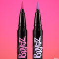 Two Bratz x ColourPop felt-tip eyeliners stand uncapped, revealing hot pink and lavender tips against a vibrant pink gradient background, showcasing the Bratz logo - part of the Bratz x ColourPop Full Collection, a ColourPop Full Collection Set.