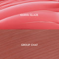 Glazed Pout swatches show ColourPop So Juicy Plumping Lip Liner & Balm Set: top glossy coral balm “Guava Glaze” and bottom warm rosy-brown liner “Group Chat,” split panel highlighting texture and shade pairing.