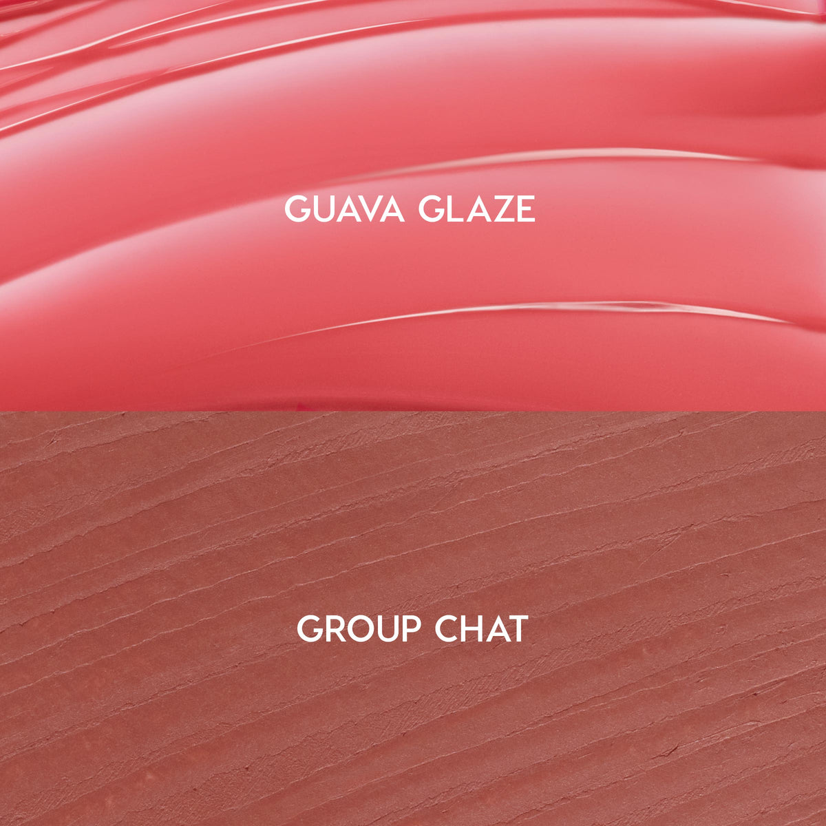 Glazed Pout swatches show ColourPop So Juicy Plumping Lip Liner & Balm Set: top glossy coral balm “Guava Glaze” and bottom warm rosy-brown liner “Group Chat,” split panel highlighting texture and shade pairing.