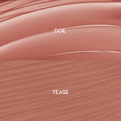 Swatches show ColourPop So Juicy Plumping Lip Liner & Balm Set, Go-To Lip: glossy balm in warm rosy nude labeled DOE on top and matte liner in matching nude labeled TEASE below, displayed in a split texture layout.
