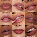 ColourPop So Juicy Plumping Lip Liner Set Juiciest Pout swatched on lips - nine close-up panels show shades ETA, Group Chat, Westwood, Love That, Tease, Jaguar, Slay, Mocha Latte, with one pencil applying color - nude to berry tones on diverse skin.