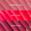 Juicy Affair swatches showcasing ColourPop So Juicy Plumping Gloss Balm with Peptides - three high-shine stripes in rosy nude Forbidden Love, hot pink Spice Level, and deep berry Temptation on a ridged, glossy surface.