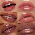 Glossy lips wearing Juicy Moment, the ColourPop So Juicy Lip Oil Set, shown in a 6-tile swatch grid with two shades - It’s a Date and Hits Diff - applied on varied skin tones to showcase high-shine, cushiony finish and sheer rosy nude color.