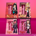 Bratz x ColourPop Full Collection set arranged in a grid, showing four Lippie Kit boxes with Bratz character art - each holding a Lippie Stix and Lippie Pencil in pink and mauve shades - on a pink gradient backdrop; ColourPop Full Collection Set.