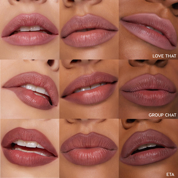 Close-up lips showcase Lips Don’t Lie, the ColourPop So Juicy Plumping Lip Liner Set, applied across a 3x3 grid on diverse skin tones; rosy-mauve shades labeled Love That, Group Chat, and ETA define lips with a smooth, plush finish.