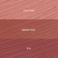 Creamy lip liner swatches show three shades for the Lips Don’t Lie ColourPop So Juicy Plumping Lip Liner Set - Love That (soft pink nude), Group Chat (warm rose), and ETA (mauve) - streaked in horizontal bands on a textured background.
