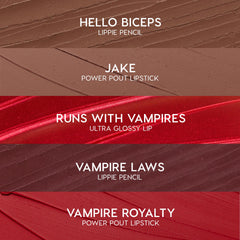 Five swatches display the ColourPop Pack Member lip set: Hello Biceps pencil (warm taupe), Jake Power Pout lipstick (soft cocoa), Runs With Vampires gloss (shimmery red), Vampire Laws pencil (deep burgundy), Vampire Royalty Power Pout lipstick (true red).