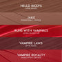 Five swatches display the ColourPop Pack Member lip set: Hello Biceps pencil (warm taupe), Jake Power Pout lipstick (soft cocoa), Runs With Vampires gloss (shimmery red), Vampire Laws pencil (deep burgundy), Vampire Royalty Power Pout lipstick (true red).