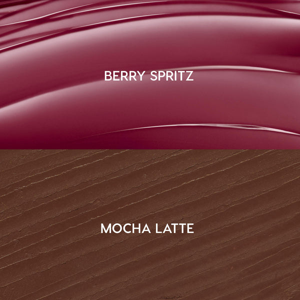 Juicy Berry ColourPop So Juicy Plumping Lip Liner & Balm Set swatches showing Berry Spritz glossy berry-pink balm above and Mocha Latte creamy brown lip liner below, labeled to showcase high-shine gloss and smooth liner textures.