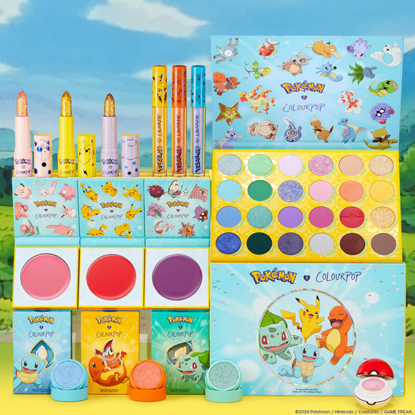 Pokémon x ColourPop Collection showcasing the ColourPop Full Collection Set, arranged front-facing with a 24-pan eyeshadow palette, lip crayons, blushes, and Super Shock shadows in bright character packaging featuring Pikachu, Squirtle, Charmander, and Bulbasaur.