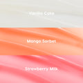 Three glossy pastel swatches showcase the ColourPop Glossy Lip Balm Trio, Pretty in Pastels - Vanilla Cake (sheer milky white), Mango Sorbet (soft peach), and Strawberry Milk (rosy pink) - arranged in horizontal bands on a clean backdrop.