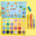 Ready For Battle ColourPop Shadow Palette & Ultra Glossy Lip Set showcasing an open 30-pan eyeshadow palette with Pokémon artwork and three glosses (yellow, orange, blue, one wand open) arranged in a bright yellow flatlay background.