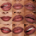 Lips wearing Total Slay, the ColourPop So Juicy Plumping Lip Liner Set, swatched in a 3x3 close-up grid on varied skin tones - rich brown‑nude shades Tease, Slay, and Mocha Latte - showing precise lining, plumped fullness, and a soft satin sheen.
