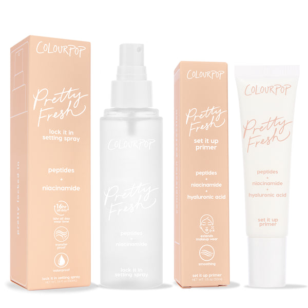 ColourPop Face Set Hydrating Prime + Set features Pretty Fresh set it up primer (peptides, niacinamide, hyaluronic acid) and lock it in setting spray (peptides, niacinamide), standing with peach boxes on a white background, promoting 16-hour, transfer-proof wear.