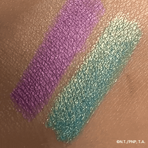 Two bold swatches of ColourPop Tokyo Love Crème Gel Liner - vibrant orchid purple and shimmery teal - glide side by side on skin, showcasing creamy, opaque payoff and smooth texture in a close-up product swatch.