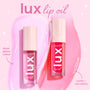 ColourPop Lux Lip Oil Dew Drop shown in two clear tubes standing upright, delivering sheer glossy color and comfy, non‑sticky shine, with pink swatches and star accents on a pastel background.
