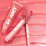 ColourPop So Juicy Plumping Lip Liner with Peptides in ETA rests uncapped beside a So Juicy gloss on glossy pink swatches, highlighting benefits text: instantly plumps, peptides smooth lip lines, and peppermint cooling tingle.