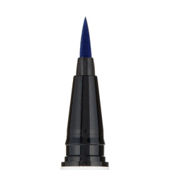 ColourPop BFF Liquid Liner, shade Crzy, showing a precise felt-tip applicator saturated with bold electric-blue pigment, macro close-up on a white background for crisp lines and winged eyeliner control.