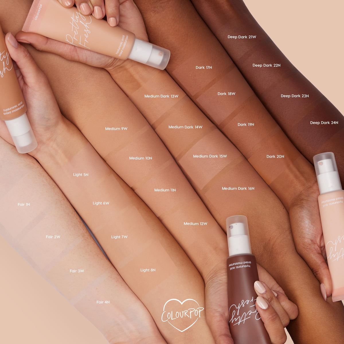 ColourPop Pretty Fresh Tinted Moisturizer in Fair 1 N swatched on a forearm, with the pump tube held nearby, shown alongside multiple arms displaying the full shade range against a nude backdrop for easy shade matching.