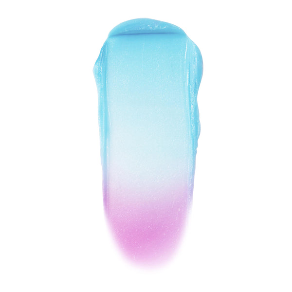 Crowd Favorite ColourPop Cream Blush swatch smeared in a single stroke, fading from icy aqua blue to lilac pink with a dewy sheen, shown against a clean white background.