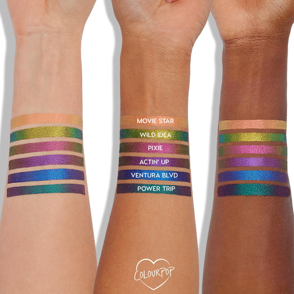 Chrome Hearted Chrome Crème Gel Liner swatched in shimmering multichrome stripes on three skin tones, showcasing rich shift shades like green, gold, purple, and blue from Colourpop Eyeliner collection against a clean white background.