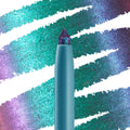 Power Trip Chrome Crème Gel Liner shows its pointed multichrome tip in a teal tube, drawing bold teal‑green‑purple shimmer swatches across a white backdrop; ColourPop Chrome Crème Gel Liner for statement eye looks.