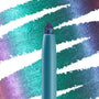 Power Trip Chrome Crème Gel Liner shows its pointed multichrome tip in a teal tube, drawing bold teal‑green‑purple shimmer swatches across a white backdrop; ColourPop Chrome Crème Gel Liner for statement eye looks.