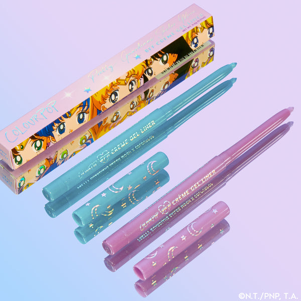 Tokyo Love Crème Gel Liner duo, a ColourPop Crème Gel Liner set, shows two retractable pencils in mint blue and lilac uncapped with creamy tips, star-and-moon barrels and matching caps beside an anime-illustrated box on a pastel gradient background.
