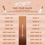 ColourPop Complexion Bundle face set shade guide comparing Pretty Fresh tinted moisturizer to tinted foundation balm, mapping dark and deep dark tones, e.g., Dark 17N→Dark 17 through Deep Dark 24N→Deep Dark 24 on a peach chart.