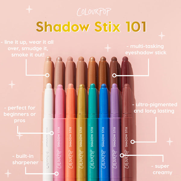ColourPop Shadow Stix in Quokka, a creamy, ultra-pigmented, long-wear eyeshadow stick with a built-in sharpener, shown beside a rainbow lineup on a pink backdrop, spotlighting its multi-tasking use for lining, smudging, or all-over color.