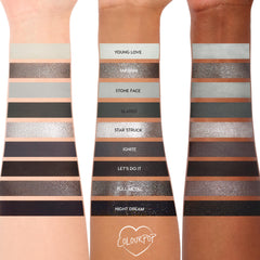Blowin’ Smoke ColourPop Shadow Palette swatches across three arms (light to deep), showing nine cool gray-to-black shades in matte and shimmer - Young Love, Smokin’, Stone Face, Slated, Star Struck, Ignite, Let’s Do It, Full Metal, Night Dream.