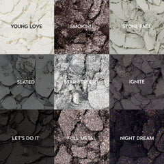 ColourPop Blowin' Smoke shadow palette showcases nine cool-toned pans - Young Love, Smokin', Stone Face, Slated, Star Struck, Ignite, Let's Do It, Full Metal, Night Dream - crushed and textured in a 3x3 grid of matte, metallic, and glitter grays to black.
